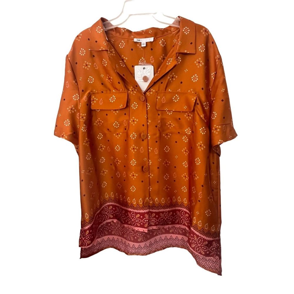 DR2 by Daniel Rainn silky button down blouse orange pink fall NWT